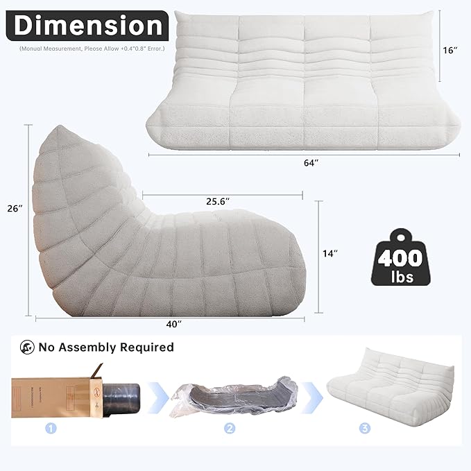 Bean Bag Chairs for Adults, BeanBag Reading Chair Memory Foam Couch 3-Seater, Floor Chair Soft Teddy Material, Comfy Reading Nook Chairs for Bedroom Living Room Office (White)