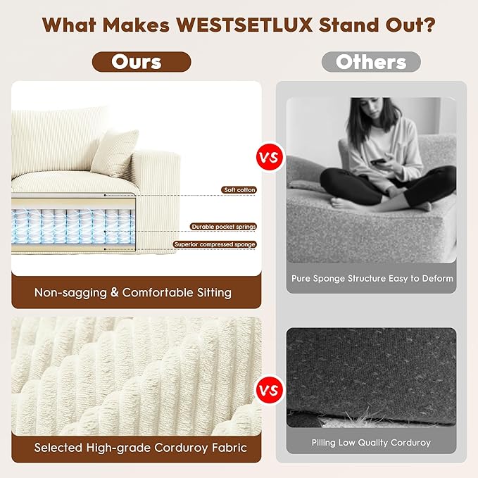 WESTSETLUX 108” Cloud Sectional Sofa Couch with High-Seat, Corduroy Modular Sofa with Oversized Chaise, High-Back Modern L-Shaped Couches for Living Room, No Assembly Required (White)