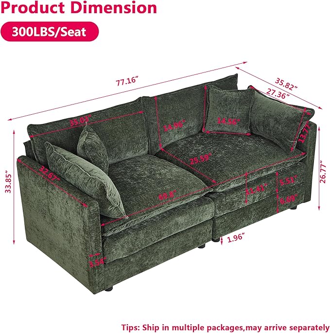 Aoowow Modular Sectional Sofa Modern Convertible Loveseat Couch,77.16 Inch Deep 2-Seater Sofas Comfy Chenille Cloud Sofas and Couches with Pillows for Living Room Apartment（Green）