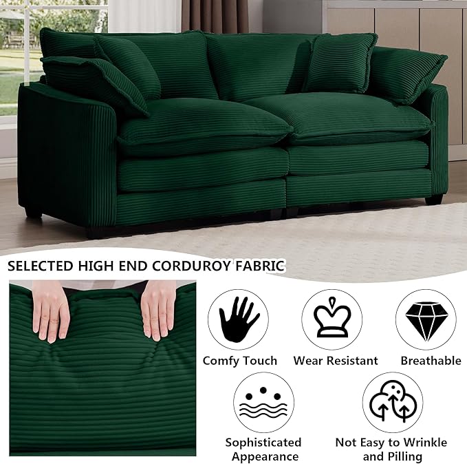 Aoowow Corduroy Loveseat Couch,Modern 2 Seater Cloud Couches for Living Room,Modular Sectional Cloud Sofas with Deep Seat,Large Love Seat for Small Spaces,Apartment,Office. (Green, 2 Seater)