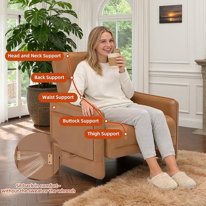 Tbillionnext Upholstered Accent Sofa, Modern Faux Leather Sofa Chair with Hidden Foldable Tray & Side Pocket, Rear Contour Arm Design, Small Accent Sofa for Bedroom, Brown