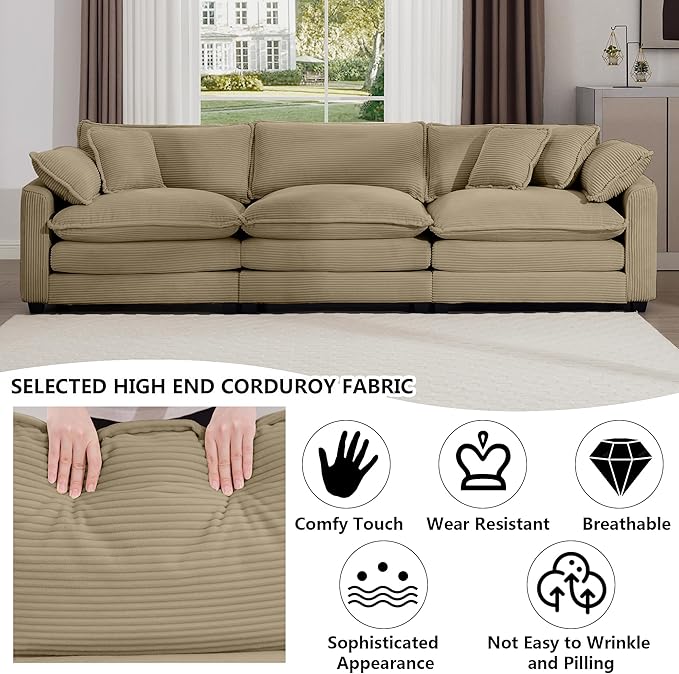 Aoowow Corduroy 3 Seater Sofa Couch,Modern Large Cloud Couches for Living Room,Modular Sectional Cloud Sofas with Deep Seat,Oversized Tufted 3 Seat Sofa Set. (Tan, 3 Seater)