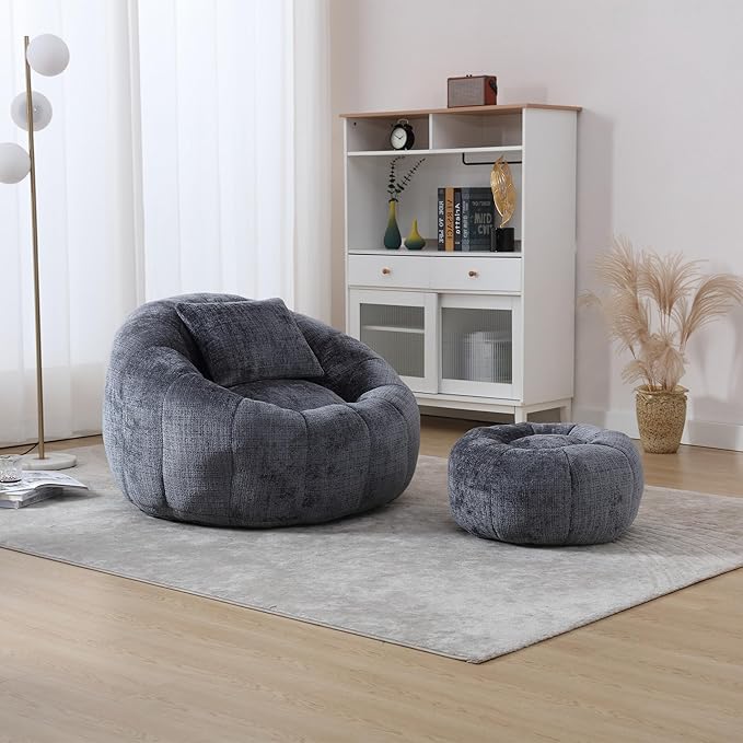 HOMEFLEX Modern Bean Bag Chair for Adults, Comfy Reading Nook Seating with Pillow, Round Chairs with Ottoman, Leisure Single Sofa, Ideal for Living Room, Bedroom, Apartment (Gray)