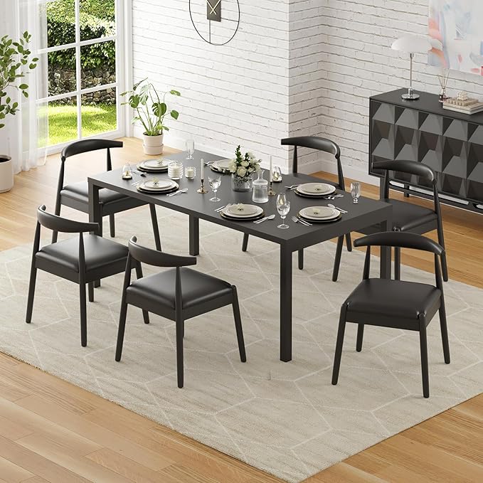 Farini Mid Century Modern Dining Chairs Set of 2, Solid Wood Frame Kitchen Chairs with PU Leather Upholstered Seat for Dining Room & Breakfast Nook,Black-Black