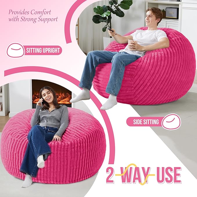 Homguava 4 FT Bean Bag Chair,4' Big Bean Bag,Large Bean Bag Chairs for Adults with Memory Foam Filled,Comfy Beanbag Chairs Soft Bean Bag Sofa with Dutch Corded Plush Cover-Pink