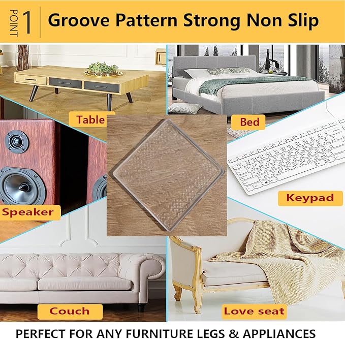 Non Slip Furniture Pads, 12 PCS Clear No Skid Furniture Grippers, Self Adhesive Anti Slip Furniture Pads, Anti Slide Hardwood Floors Protectors for Keep Couch Stoppers (1.57 inch Square)