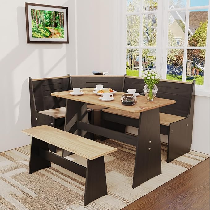 Breakfast Nook Table Set for Kitchen - Bench Seating for Dining Room with Space Saving Solid Wood L Shaped Corner Dining Table Set Apartment for 4 to 6 People - Black