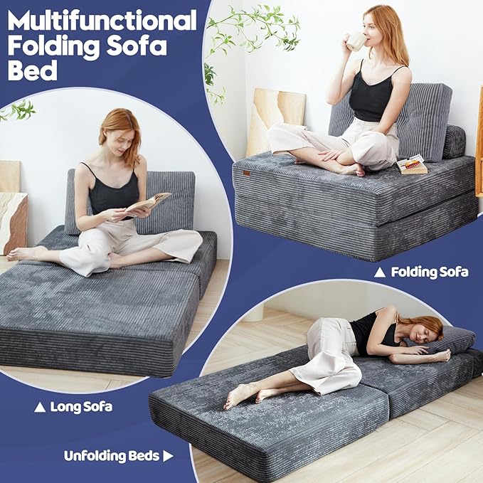 Floor Sofa Bed,Convertible Sleeper Chair with High-Density Support Foam,Portable 3 in 1 Fold Out Chair to Floor Lounger,Perfect for Living Room、 Bedroom 、 Apartment,Twin Size,Dark Gray