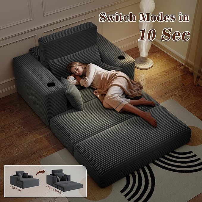 52" Boneless Chaise Lounge Chair Indoor — Oversized Cloud-Like Cozy Comfy Modular 3-in-1 Sofa Bed for Reading, Living Room & Bedroom Corduroy Couch Sleeper, Grey