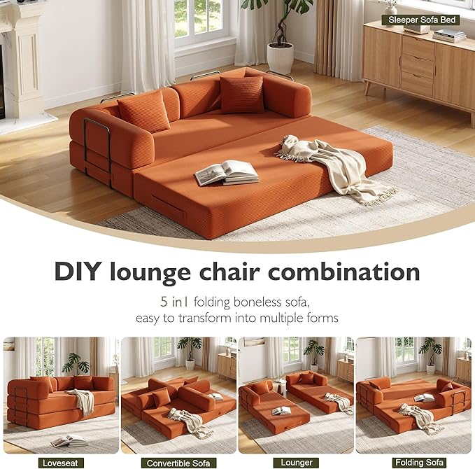 79 Inch 5-in-1 Convertible Sofa Bed, Corduroy Boneless Floor Couch with Fixed Frame & Pillow, Modular Folding Mattress Lounger for Small Space, Living Room, Bedroom - Easy Assembly(Orange)