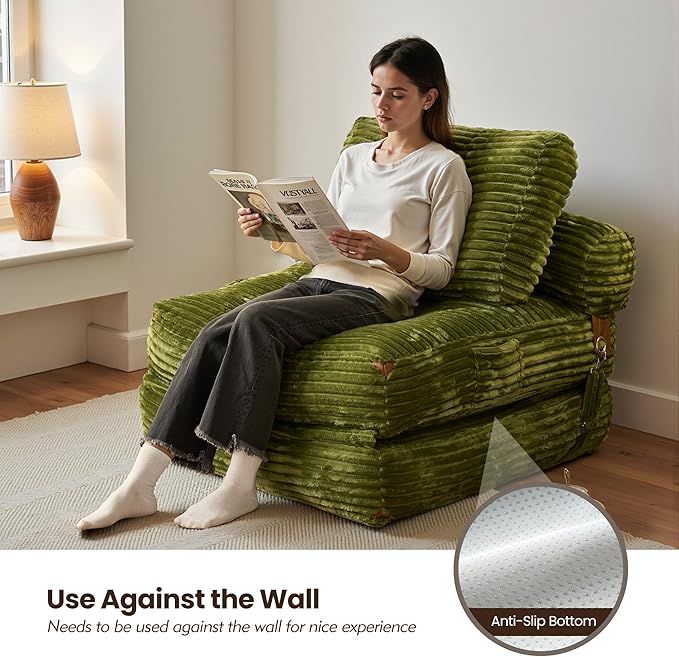 ovios Folding Sofa Bed, Foldable Sleeper Chair Floor Futon, Comfy Portable Convertible Fold Out Lounge Chairs for Living Room Bedroom, Green