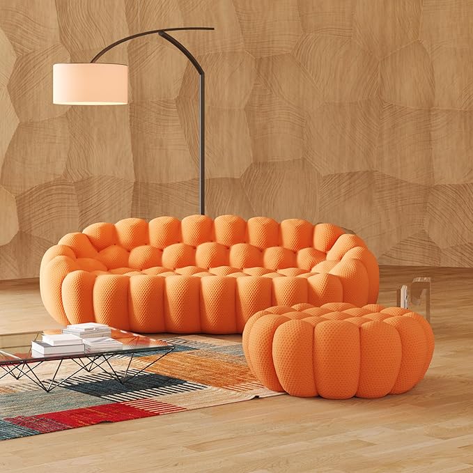JACH Bubble Sofa with Ottoman, Curved Couch, Comfy Upholstered Sofa, Mesh Fabric 3D Honeycomb Shape Modern Couch for Living Room, Office, Apartment, Small Space (Orange)