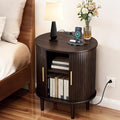 DHH Mid Century Modern Nightstand with Charging Station, Fluted Accent Side Table with Sliding Door & Adjustable Shelf, End Table for Small Space, Living Room, Bedroom,Sofa Couch(1, Brown)