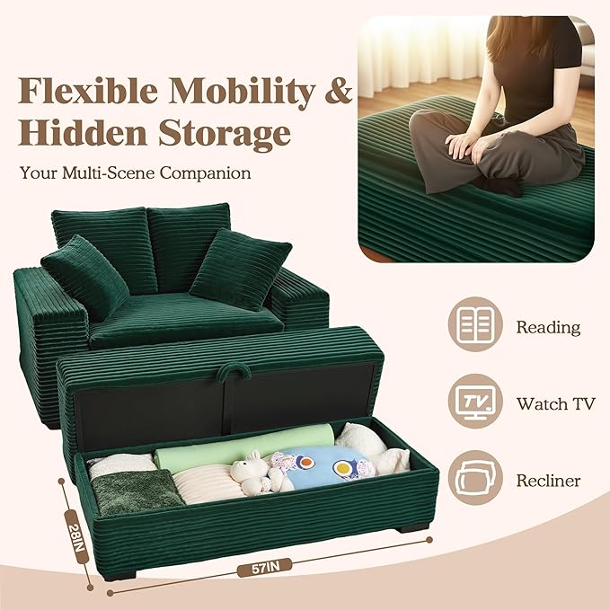 Indoor Chaise Lounge Chair With Storage Ottoman, Modern 60-Inch Lounge Sofa Chair With Wide Armrests & 4 Pillows, Oversized Comfy Reading Lounger For Living Room, Bedroom（Wide-Rib Corduroy Green)