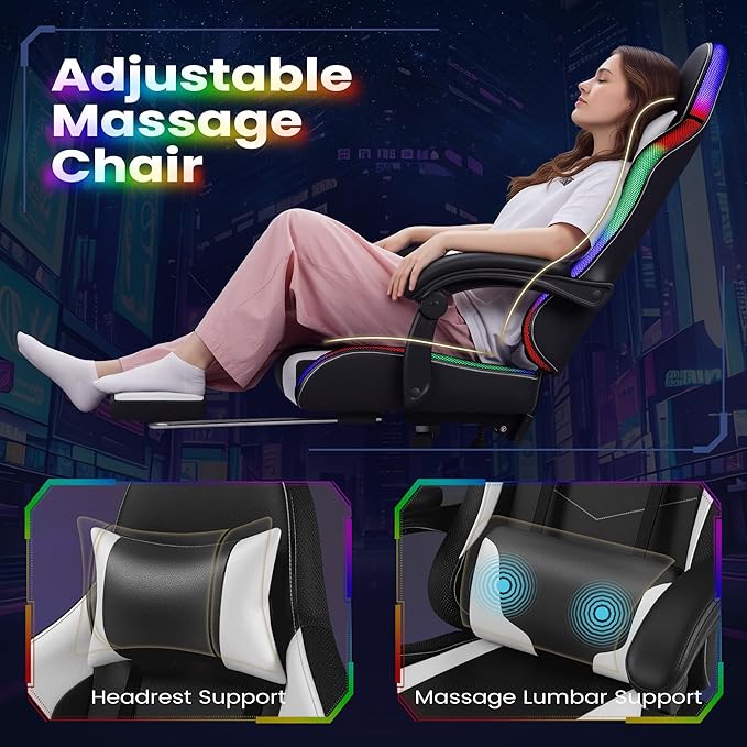 Homall Gaming Chair, Video Game Chair with Footrest and Massage Lumbar Support, Ergonomic Computer Chair Height Adjustable with Swivel Seat and Headrest (RGB Lvory)