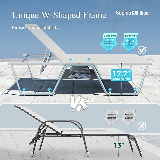 Sophia & William Outdoor Chaise Lounge Chair Set of 2, 78" Long Reclining Lounge Chairs with 5 Adjustable Backrest, Oversized Patio Chaise Lounge Chair for Outside Poolside Beach Yard, Grey