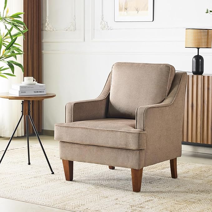 VINGLI Mid-Century Modern Accent Chair, Light Brown Upholstered Armchair Comfy Sofa Chair Reading Chair High Back for Living Room Bedroom Furniture Apartment