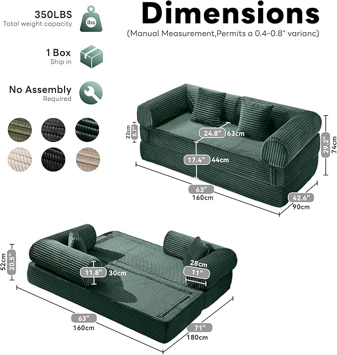 Tbfit 63'' Folding Boneless Couch, Convertible Loveseat Sofa Bed, Corduroy Futon Mattress Sleeper Sofa, Comfy Foldable Upholstered Floor Couches for Living Room, Dark Green