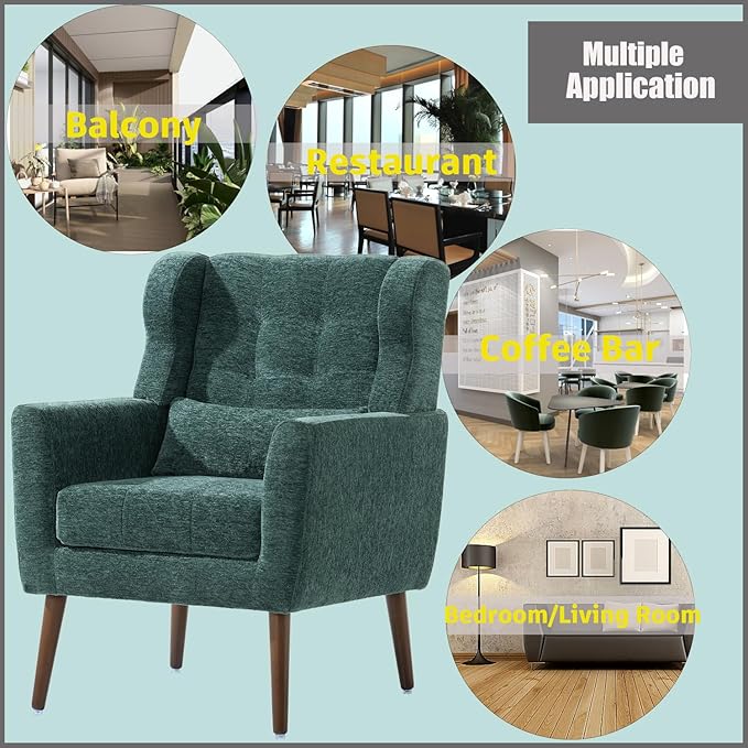 QKFF Modern Accent Chair, Upholstered Armchair with Pillow, Fabric Single Sofa Chair with Lounge Seat and Wood Legs Accent Chair for Living Room Bedroom Small Spaces (Blackish Green)