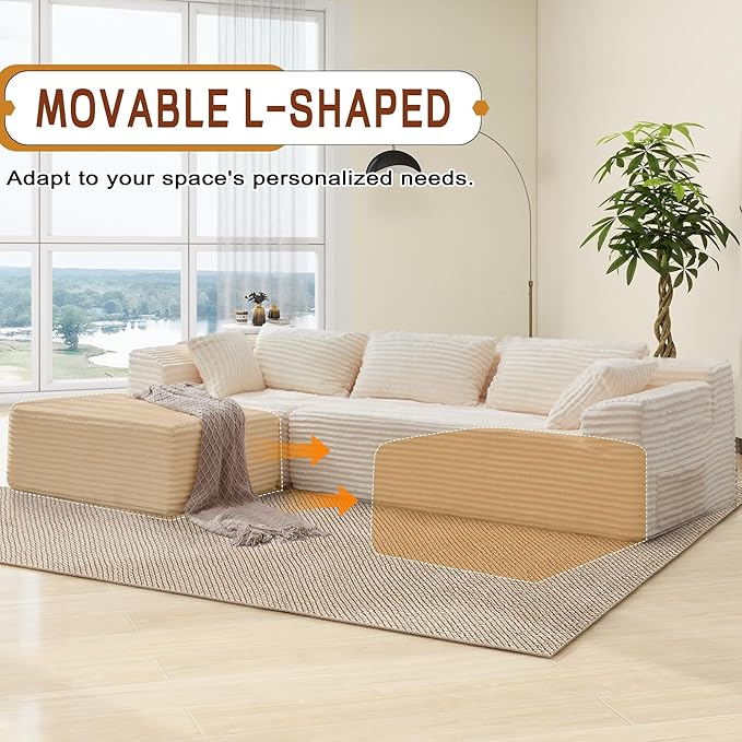 Korser 110" Sectional Couches for Living Room, Modular Sectional Sofa with L-Shape Chaise, Cloud Couch, Comfy Corduroy Fluffy Couch with Deep Seat and Side Pockets