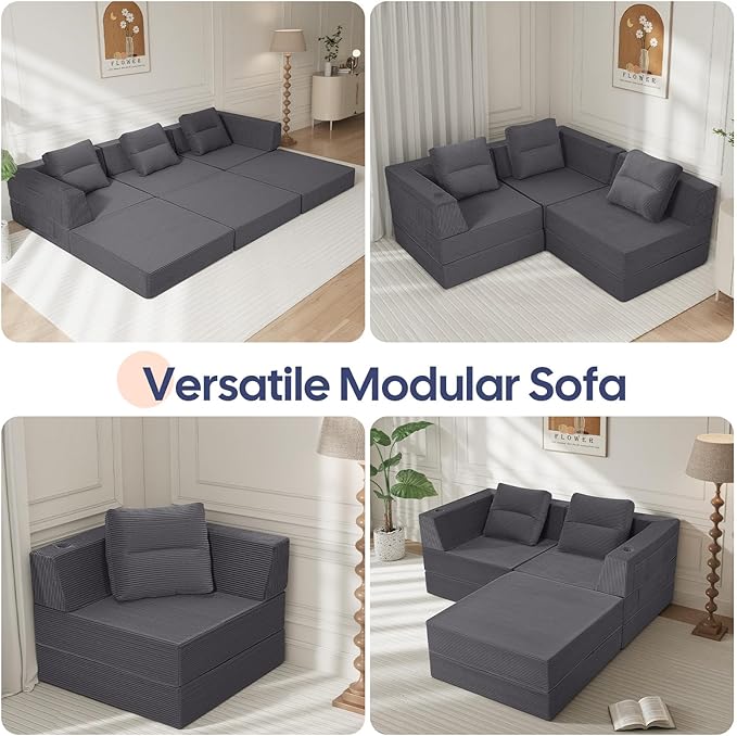 COMAX Futon Sofa Bed 3 Seater, 106" Convertible Sofa Bed Couches for Living Room, 4 in 1 Folding Boneless Sleeper Corduroy Couch Foam in a Box, Comfy Foldable Lounge Fold Out Floor Mattress, Grey