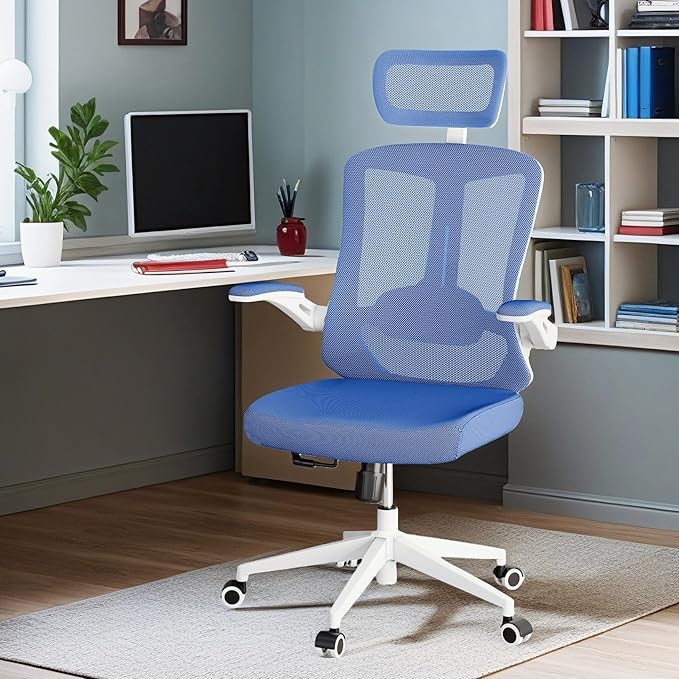 Ergonomic Office Chair - 400LB Comfy Desk Chairs with Adjustable Headrest and Lumbar Back Support, Mesh Computer Chairs with Wheels and Arms for Home Office, Study (Blue-with Headrest)