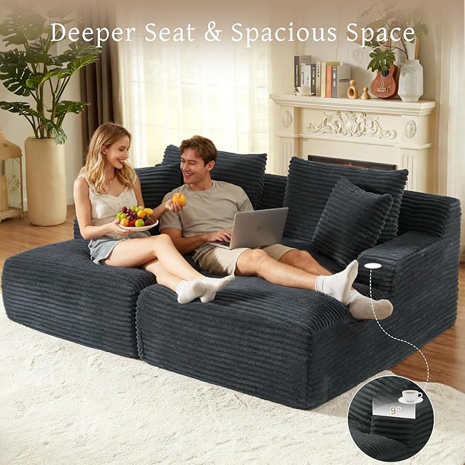 VEPXXP 80" Double Chaise Lounge Chair Indoor, Oversized Boneless Couch Comfy Upholstered Sleeper Sofa Bed with 4 Pillows, Corduroy Cloud Loveseat Chair for Living Room No Assembly Required, Dark Grey