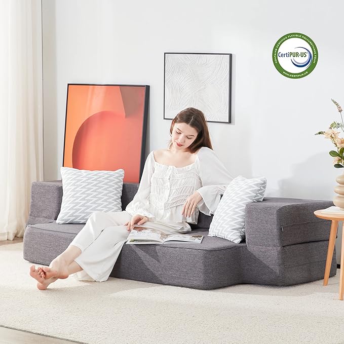 Lazyzizi Floor Sofa Bed, Convertible Sleeper Lounge Couch Folding Mattress with 2 Pillows & Washable Cover for Living Room, Guest, Playroom 10inches Twin