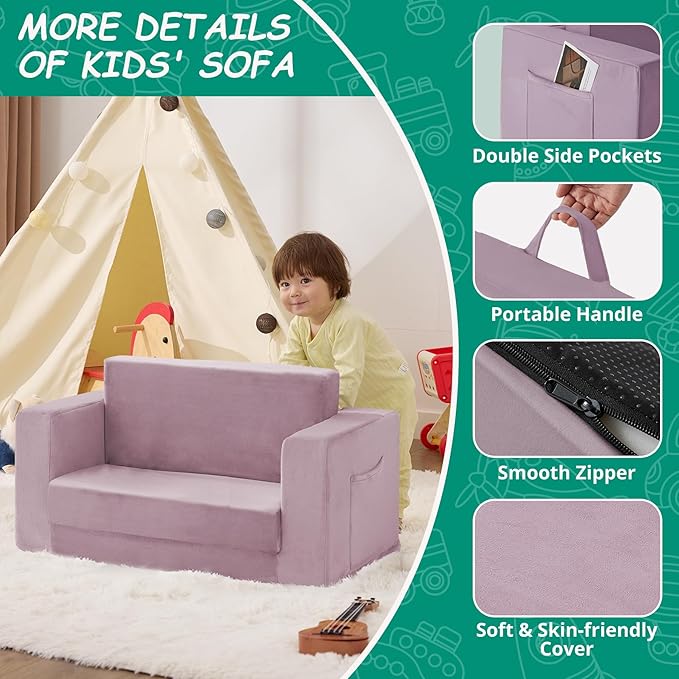 Kids Couch, 2-in-1 Toddler Chair Comfy 1-3 Years, Convertible Kids Chair, Toddler Couch That Fold Out, Kid Lounge Chairs for Boys and Girls, Soft Coral Fleece, Double, Purple