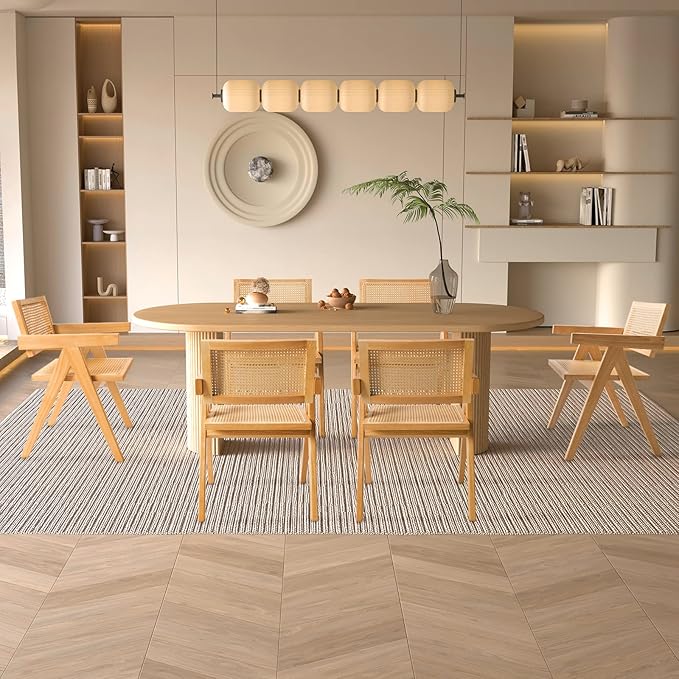 Cane Dining Room Chairs Set of 6, Modern Wood Kitchen Chairs with Arms, Light Malnut