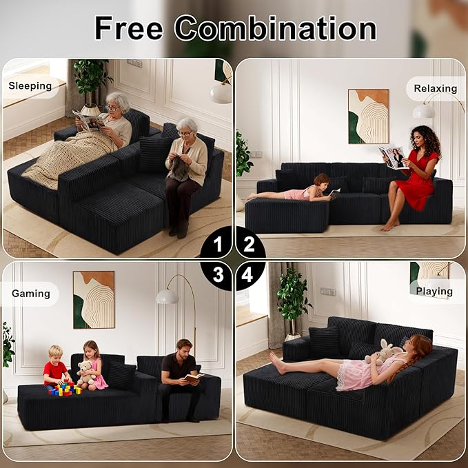 HYJT-H&K Modular Sectional Sofa Cloud Sectional Couch, 107" Comfy Fluffy L Shaped Dark Black Couches for Living Room, Deep Seat Memory Foam Plush Corduroy Boneless Couch Sectionals Left Facing Chaise