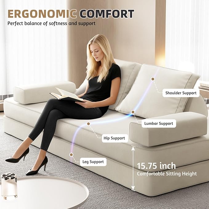 87" Foldable Floor Couch, 3-Seat Convertible Sleeper Sofa with Removable Backrests and 2 Soft Pillows, Chenille Fabric, for Living Room, Bedroom, Apartment, No Assembly Required, Beige