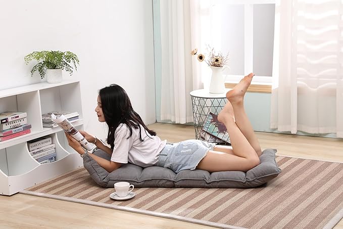 Fabric Folding Floor Chair with Headrest - 6-Position Head & Foot Recliner, 14-Position Lumbar Support - Ergonomic Design for Reading, Gaming, and Relaxation, 014GR