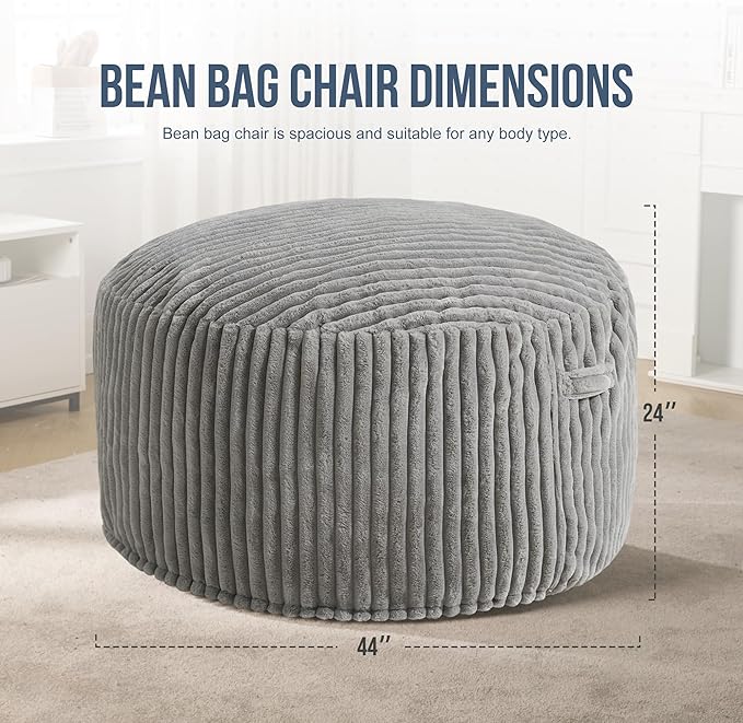 Hobestluk 4ft Bean Bag Chairs for Adults Large Beanbag Chair with Dutch Corded Plush Cover Big Bean Bag Chair for Living Room Bedroom Dorm Office - Grey (44" x 44" x 24")