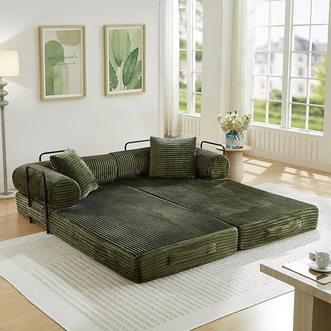 Modular Couch Bed, Convertible Folding Plush Corduroy Comfy Floor Memory Foam Compression Loveseat Sleeper Sofa Couch, King Size Bed for Guest Room Living Room Bedroom, No Assembly Required, Green