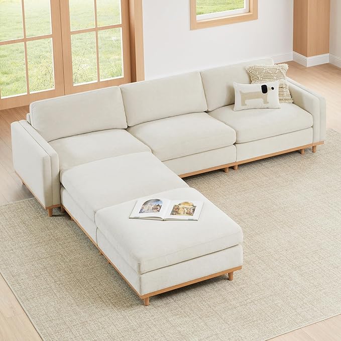 CHITA Super Large Luxury L Shape Convertible Sectional Modular Sofa, Down Filled Modern Sofa, Deep Seat Cloud Couch, 118 inch Width, 5 Seat Couch with Chaise, 2 Ottomans, Solid Wood Leg, Linen