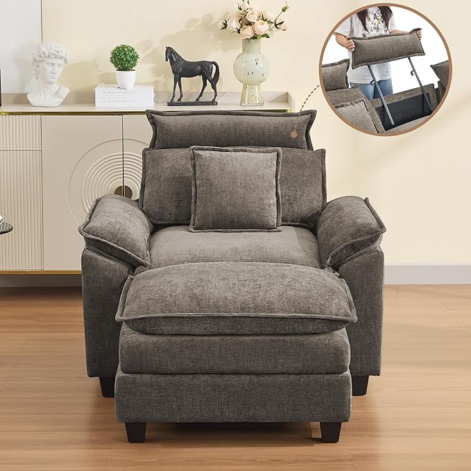 46''Cloud Oversized Sofa Chair with Detachable Headrest, Upholstered Comfy Arm Accent Chair with Ottoman,Modern Chenille Reading Lounge Armchair for Living Room,Bedroom, Brown