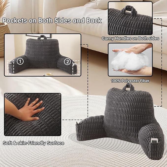 PAJEO Reading Pillow for Sitting in Bed, Large Backrest Reading Pillow with Arm Rest,Back-Rest Support Cushion for Sit Up on Couch, Sofa, and Floor, Dorm Essentials (Grey Corduroy, Standard(17"))