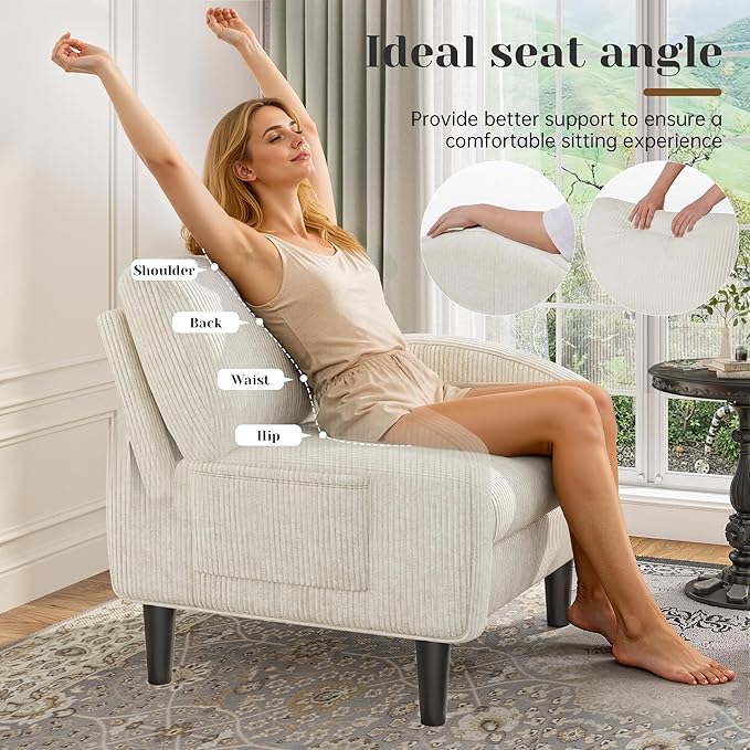 Accent Chair Set of 2,Comfy Living Room Chair with 2 Side Pockets,Mid Century Modern Reading Chair for Bedroom,Upholstered Armchair for Office, Apartment, Small Room,Beige