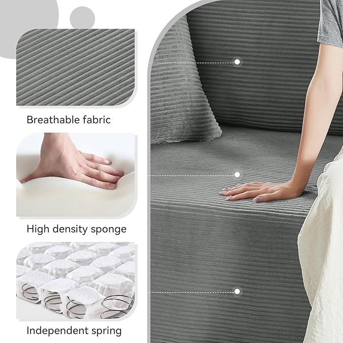 83" Sofa in a Box, 3 Seater Couch No Assembly Boneless Sofa Bed with Cushion Back 2 Pillows Deep Seat Corduroy Fabric Side Storage Pockets for Living Room, Bedroom, Apartment, Office, Light Grey
