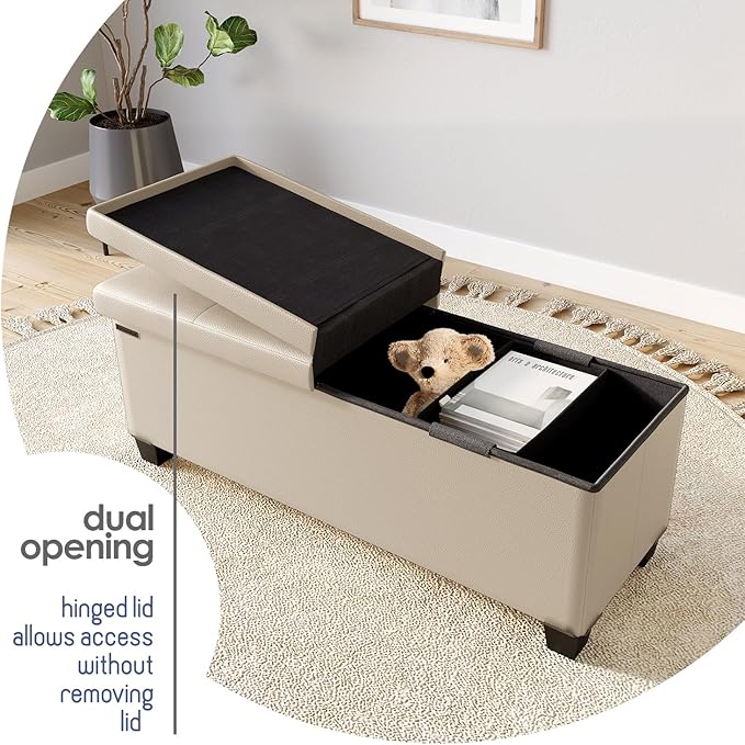 Storage Ottoman Bench with Bins, 43-in Storage Bench for Bedroom End of Bed, Folding Foot Rest Ottoman for Living Room Max 660lbs, Faux Leather Ottomans, Beige