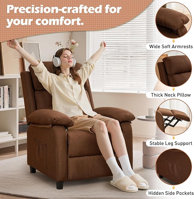 Recliner Chair, Living Room Chairs for Adults, Padded Deep Seat Reading Chair with Side Pockets, Small Recliners for Small Spaces, Lounge Chair for Living Room, Bedroom, and RV (Linen)