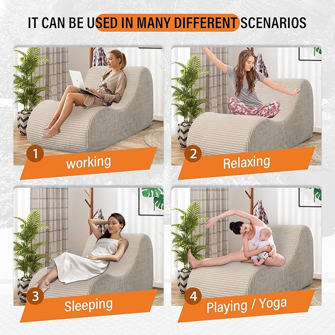 Corduroy Chaise Lounge Chair Couch Indoor Boneless Oversized High-Density Sponge Soft Sofa, Khaki