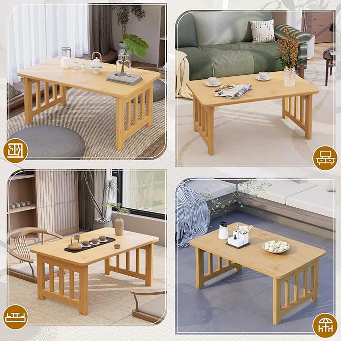 Japanese Folding Floor Coffee Table, Bamboo Foldable Low Table for Sitting On The Floor No Assembly Portable Tea Table Chabudai Table for Tatami, Bay Window, Meditation, Altar (Wood Color)