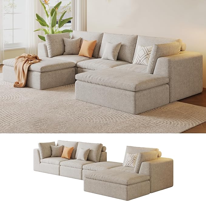 109" Modular Sectional Sofa with Deep Seat, Oversized U-Shaped Cloud Couch for Living Room with 2 Ottomans, Boneless Memory Foam Teddy Fleece Sofa, No Tools Assembly Required (Beige,2 Ottomans)