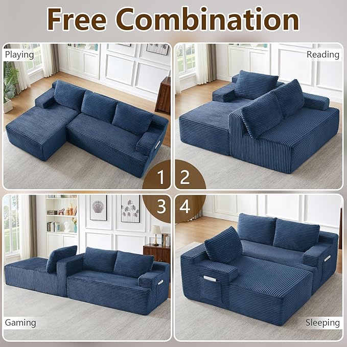 96.1" Modular Sectional Sofa Couches L-Shape Couch 3 Seat Modular Sofa Corduroy Memory Foam Sectional Boneless Couches for Living Room, Cloud Couch with Oversized Chaise(Blue, Left Facing)