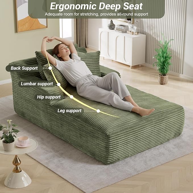 50"W x 76"D Oversized Chaise Lounge Chair Indoor Boneless Reading Chair Plush Corduroy Recliner Large Deep Seat Upholstered Sleeper Comfy Sofa Bed Couch with 3 Pillows for Living Room Bedroom, Green