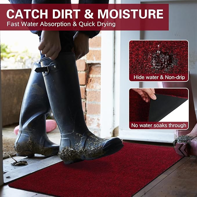 Front Door Mat Indoor and Outdoor, Non-Slip Low Profile Doormat 60"x35", Thin Yet Super Water, Quick-Drying, Dirt Resistant,No Shedding Doormats for Entrances, Garage, Pets,Hotel,Office,Red