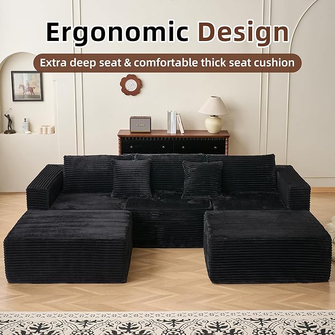 110" Modular Sectional Couch with 2 Movable Ottoman, Cloud Sofa Couches for Living Room, U Shaped Deep Seat Boneless Sofa,Luxury Corduroy Fabric, No Assembly Required