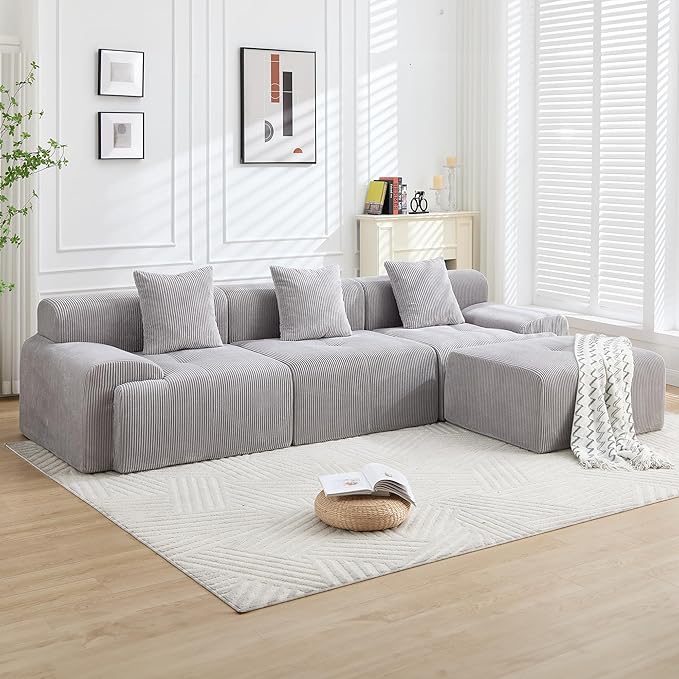 118" Boneless Couches for Living Room, Modular Cloud Sectional Couch with L-Shape Chaise, Modern Upholstered Sofa with Deep Seat, No Assembly Required, Plush Corduroy, Gray